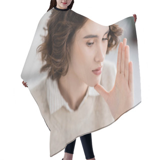 Personality  Portrait Of Young Brunette Woman Showing Mother Or Woman Gesture On Sign Language  Hair Cutting Cape