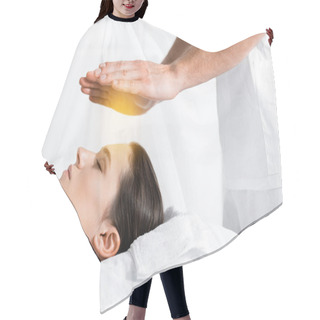 Personality  Cropped View Of Healer Standing Near Woman And Holding Hands Above Her Head Hair Cutting Cape