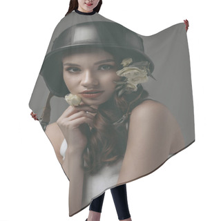 Personality  Stylish Young Model In Military Helmet With White Flowers, Isolated On Grey Hair Cutting Cape