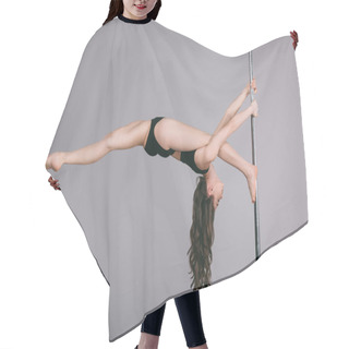 Personality  Flexible Sporty Female Dancer Exercising With Pole On Grey Hair Cutting Cape