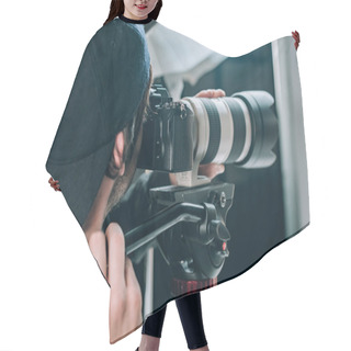 Personality  Selective Focus Of Operator With Camera Working In Photo Studio Hair Cutting Cape
