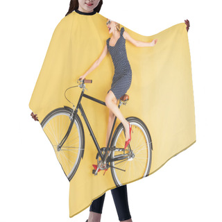 Personality  Joyful Woman In Sunglasses And Dress Riding On Bicycle On Yellow Background Hair Cutting Cape
