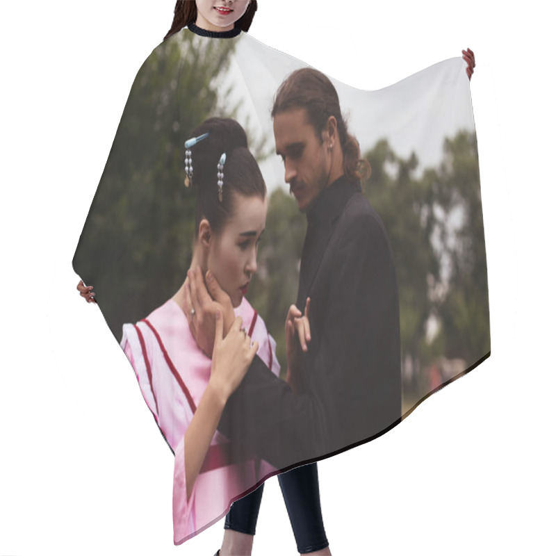Personality  Portrait Of Couple - Geisha Girl In Tender Pink Kimono And Caucasian Man Hair Cutting Cape