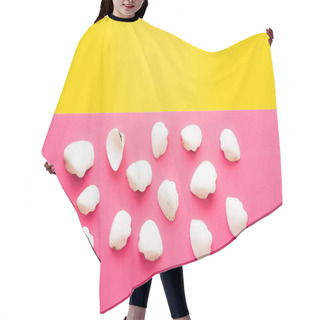 Personality  Top View Of White Seashells On Yellow And Pink Background  Hair Cutting Cape