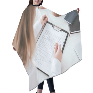 Personality  Selective Focus Of Woman Holding Pen Near Document With Visa Application Lettering  Hair Cutting Cape