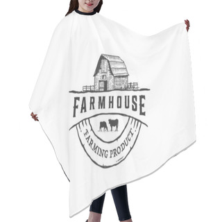 Personality  Arm House Concept Logo. Template With Farm Landscape. Label For Natural Farm Products. Black Logotype Isolated On White Background. Vector Illustration. Hair Cutting Cape
