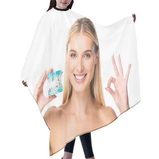Personality  Naked Smiling Blonde Woman Holding Jaw Model And Showing Ok Sign Isolated On White Hair Cutting Cape