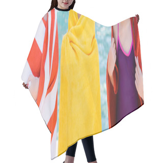 Personality  Cropped View Of Girl In Swimsuit Near Friends Wrapping In Terry Towels, Horizontal Concept Hair Cutting Cape