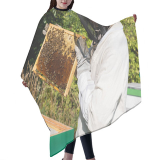 Personality  Apiculturist In Safety Suit And Gloves Holding Honeycomb Frame On Apiary Hair Cutting Cape