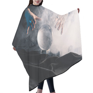 Personality  Cropped View Of Witch Performing Ritual With Crystal Ball On Dark Background Hair Cutting Cape