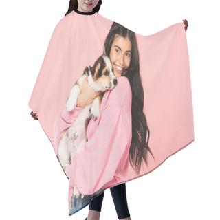 Personality  Smiling Attractive Girl Holding Corgi Puppy, Isolated On Pink Hair Cutting Cape
