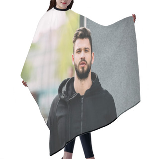 Personality  Handsome Bearded Man In Sportswear Looking At Camera Hair Cutting Cape