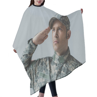 Personality  Sad Military Man Crying While Saluting During Memorial Day Isolated On Grey Hair Cutting Cape