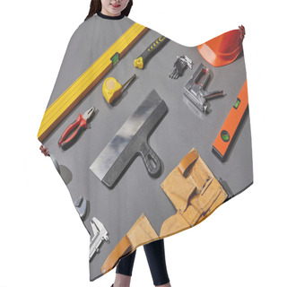 Personality  Flat Lay With Helmet, Tool Belt, And Industrial Tools On Grey Background  Hair Cutting Cape