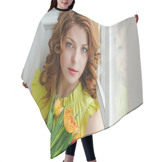 Personality  Portrait Of A Beautiful Red-haired Girl In A Yellow Dress Holdin Hair Cutting Cape