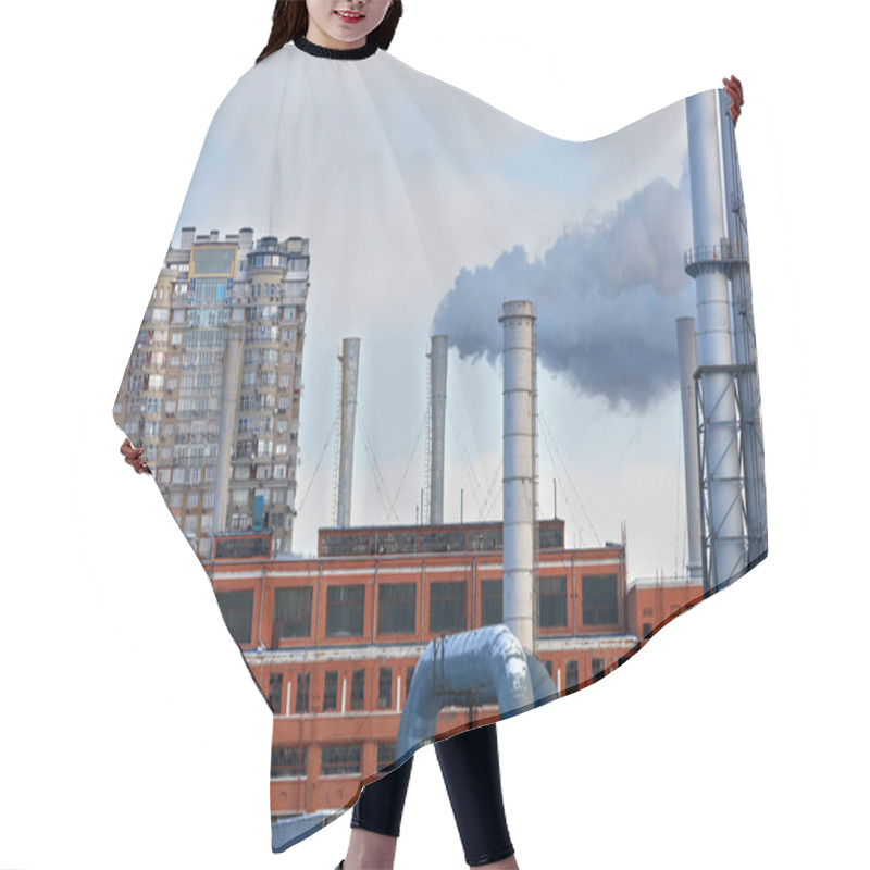 Personality  Smoke Chimneys From The City Thermal Station Against The Background Of Residential Buildings Create A Bad Ecology In The City. Copy Space. Hair Cutting Cape