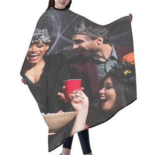 Personality  Excited Asian Woman Taking Popcorn With Toy Hand Near Multiethnic Friends In Halloween Costumes On Black Hair Cutting Cape