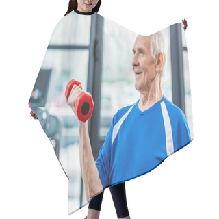 Personality  Happy Senior Sportsman Exercising With Dumbbell At Gym Hair Cutting Cape