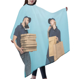 Personality  Interracial Couriers Accepting Orders While Holding Packages On Blue Hair Cutting Cape