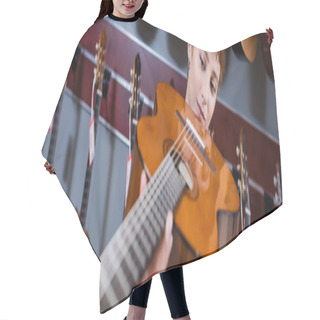Personality  Musician Looking At Blurred Acoustic Guitar In Music Store, Banner  Hair Cutting Cape