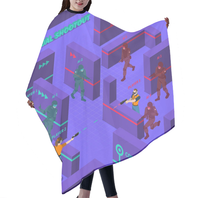 Personality  Virtual Gun Battles Isometric Illustration Hair Cutting Cape