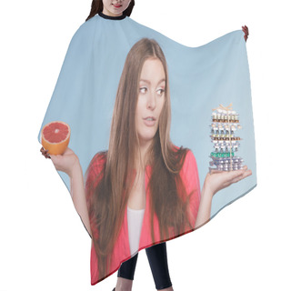 Personality  Woman With Diet Weight Loss Pills And Grapefruit. Hair Cutting Cape