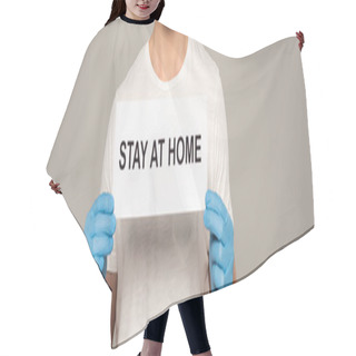 Personality  Cropped View Of Man In Latex Gloves Holding Card With Stay At Home Lettering Isolated On Grey, Panoramic Shot  Hair Cutting Cape