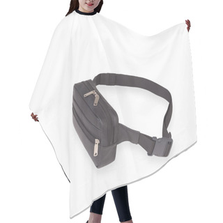 Personality   Small Black Belt Bag Side View On Isolated White Background. Black Small Shoulder Bag. Hair Cutting Cape