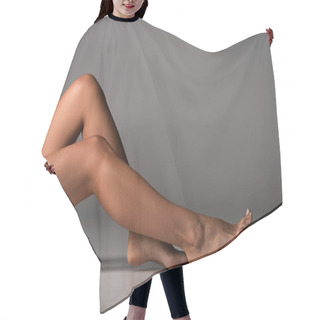 Personality  Partial View Of Sexy Barefoot Young Woman Sitting On Grey Hair Cutting Cape