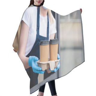 Personality  Cropped View Of Waitress Holding Paper Cups Near Window Of Cafe Hair Cutting Cape