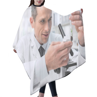 Personality   Technician Examining Sample  Hair Cutting Cape
