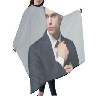 Personality  Young Transsexual Businessman In Suit Adjusting Blazer Isolated On Grey Hair Cutting Cape