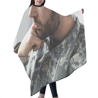 Personality  Partial View Of Bearded Military Man In Uniform Holding Hand Near Face Hair Cutting Cape