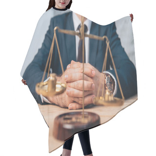 Personality  Selective Focus Of Golden Scales Near Lawyer In Suit With Clenched Hands Hair Cutting Cape
