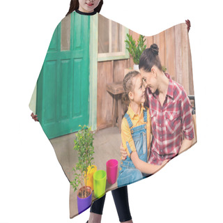 Personality  Happy Mother And Daughter Sitting And Holding Hands On Porch With Potted Plants Hair Cutting Cape
