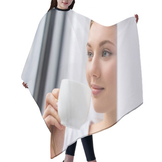 Personality  Smiling Young Woman Drinking Coffee And Looking Through Window Hair Cutting Cape