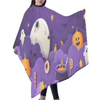 Personality  Happy Halloween Greeting Card Template With Full Moon, Pumpkins, Ghosts, Candy, Bats In Paper Cut Style On Violet Background. Vector Illustration.  Hair Cutting Cape