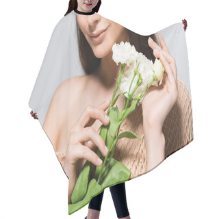 Personality  Partial View Of Smiling Beautiful Brunette Woman With White Carnations Isolated On Grey Hair Cutting Cape