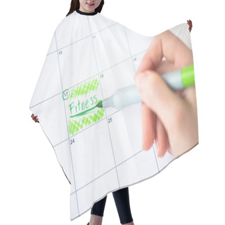 Personality  Cropped View Of Woman Pointing With Marker Pen On Fitness Lettering In To-do Calendar On Wooden Background Hair Cutting Cape