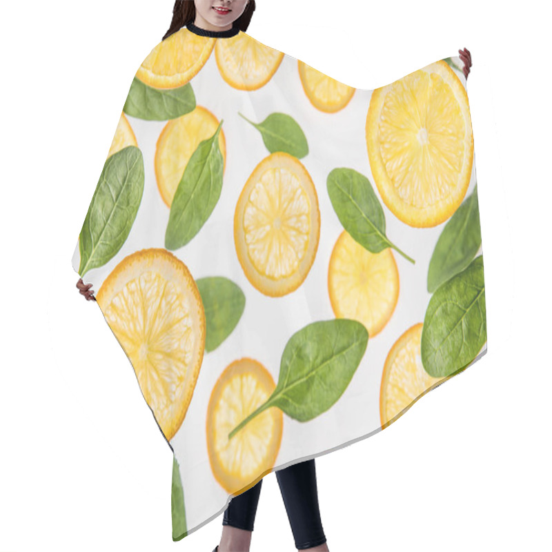 Personality  Fresh Juicy Orange Slices With Green Spinach Leaves On Grey Background Hair Cutting Cape