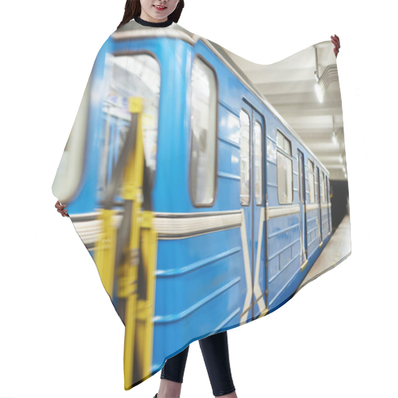 Personality  Perspective View Of Long Blue Subway Train With People Inside Moving With High Speed Along Empty Platform And Illuminated Metro Tunnel Hair Cutting Cape