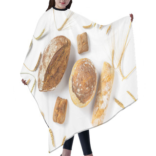 Personality  Bakery. Set Of Freshly Baked Crispy Bread And Buns With Ears Of Wheat On White Background Top View, Flat Lay Hair Cutting Cape