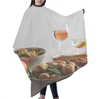 Personality  Festive Thanksgiving Dinner With Baked Vegetables Served On Marble Table Isolated On Grey Hair Cutting Cape