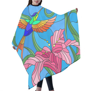 Personality  Illustration In Stained Glass Style With Bright Hummingbird Against The Sky, Foliage And Flower Of Lily Hair Cutting Cape