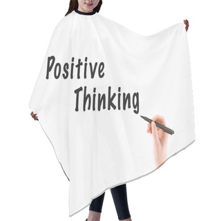 Personality  Cropped Image Of Woman Writing Positive Thinking Inscription Isolated On White Hair Cutting Cape