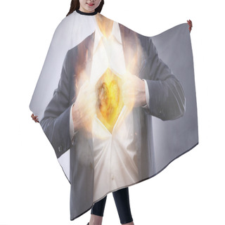 Personality  Businessman Showing A Burning Heart Hair Cutting Cape