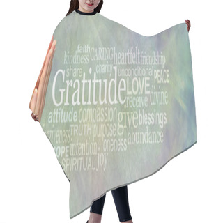 Personality  Gratitude Prayer Word Tag Cloud     - Female Hands In Prayer Position Beside The Word GRATITUDE And A Relevant Word Cloud On A Pale Blue Green Stone Effect Background  Hair Cutting Cape