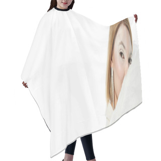 Personality  Charming Angelic Woman Looking At Camera Behind Ethereal Wings On White Backdrop, Banner Hair Cutting Cape