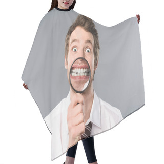 Personality  Smiling Businessman With Funny Face Expression Holding Magnifier On Grey Background Hair Cutting Cape