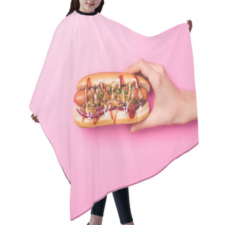 Personality  Partial View Of Woman Holding One Tasty Hot Dog On Pink Hair Cutting Cape